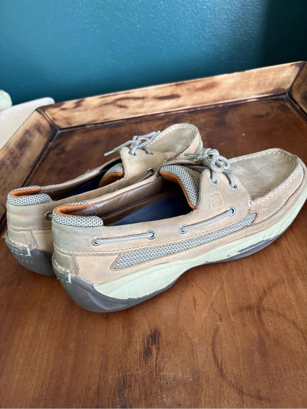 Sperry Men’s Tan and Gray Leather Mesh Boat Shoes